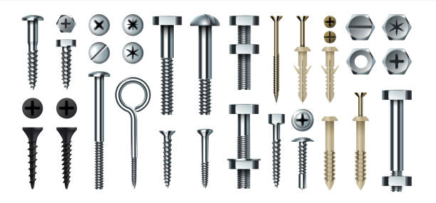 Bolt and screw. Realistic metal fasteners with nuts. 3D hardware assortment. Top and side view of different steel nail types. Tools for building and repairs. Vector self-tapping set Bolt and screw. Realistic metal fasteners with nuts. 3D hardware assortment. Top and side view of different steel nail types. Isolated tools for building and repairs. Vector metallic self-tapping set bolt fastener stock illustrations
