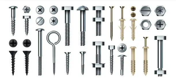 Vector illustration of Bolt and screw. Realistic metal fasteners with nuts. 3D hardware assortment. Top and side view of different steel nail types. Tools for building and repairs. Vector self-tapping set