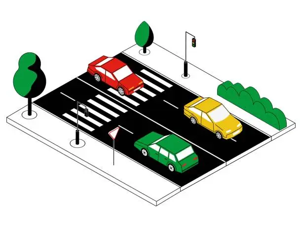 Vector illustration of Isometric automobile traffic. Cartoon city road. Cars moving in opposite directions. Part of highway and lights and pedestrian crossing. Vector roadway and sidewalk with trees and signs