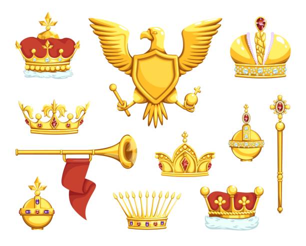 Cartoon royal symbols. Imperial crowns. Scepter and ord. Coat of arms with eagle. King or queen precious headdresses. Trumpet and heraldic emblems. Vector medieval royalty insignia Cartoon royal symbols. Golden imperial crowns. Scepter and ord. Coat of arms with eagle. King or queen precious headdresses. Isolated trumpet and heraldic emblems. Vector medieval royalty insignia sceptre stock illustrations