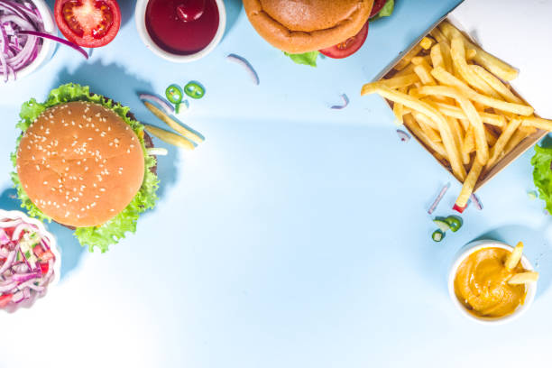 istock Various burgers set on blue background 1320014503