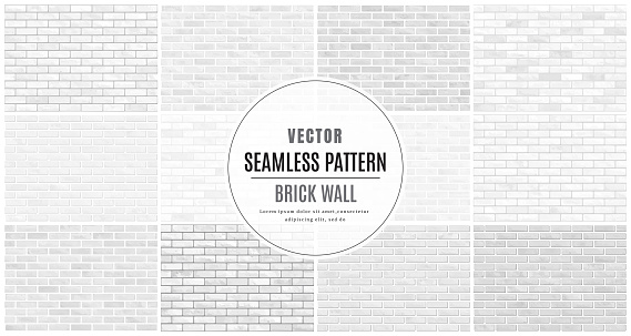 White and gray block brick wall seamless pattern collection set texture background.