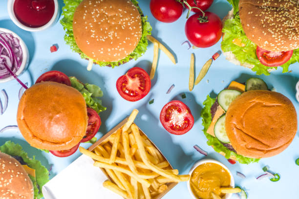 istock Various burgers set on blue background 1320014510