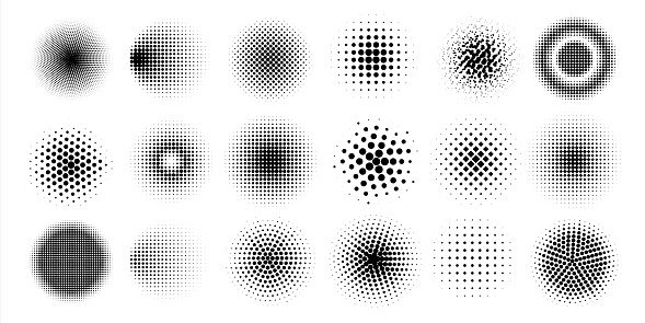 Halftone circles. Abstract comic pop art graphic elements. Dots shapes with shadow gradient effects. Web painter brush templates. Isolated black spray spots. Vector geometric minimal round forms set