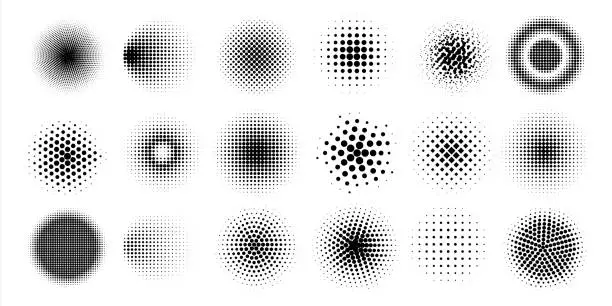 Vector illustration of Halftone circles. Abstract comic pop art graphic elements. Dots shapes with shadow gradient effects. Web painter brush templates. Black spray spots. Vector geometric minimal forms set