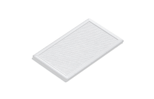 Blank white rectangle embroidered patch mockup, side view, 3d rendering. Empty stitched shoulder straps mock up, isolated. Clear satin or textile onlay for iconic decoration template.