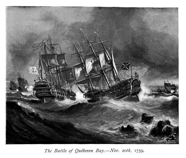 ilustrações de stock, clip art, desenhos animados e ícones de 19th c engraving the battle of quiberon bay nov 20th 1759; british naval battles - sea battle