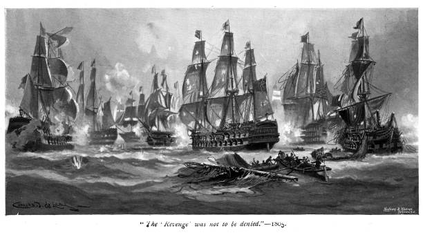 ilustrações de stock, clip art, desenhos animados e ícones de victorian engraving of hms revenge in a naval battle 1805; 19th c britsh naval history - sea battle