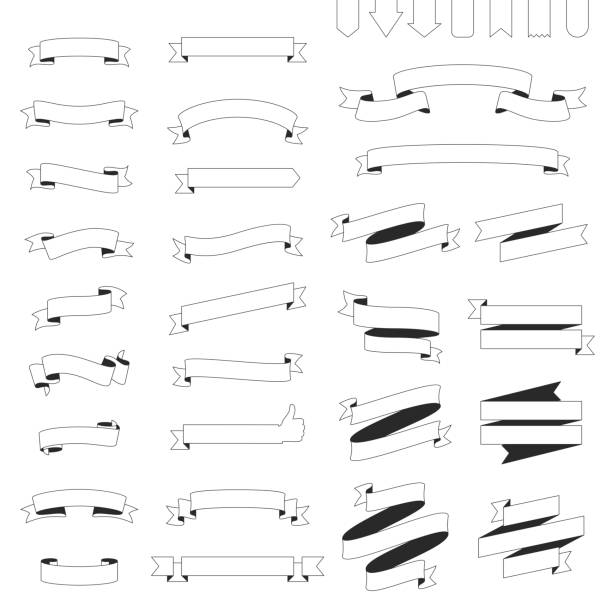 ilustrações de stock, clip art, desenhos animados e ícones de set of ribbons, banners (outline, line art) - design elements on white background - line art scroll shape design element scroll