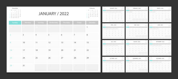 ilustraciones, imágenes clip art, dibujos animados e iconos de stock de calendario 2022 semana comenzar domingo plantilla planificador de diseño corporativo. - calendar