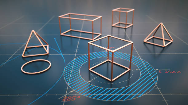 Various geometric shape models laying on a shiny surface with coordinate blueprints, low-angle close-up composition Various geometric shape models laying on a shiny surface with coordinate blueprints, low-angle close-up composition wire frame model photos stock pictures, royalty-free photos & images