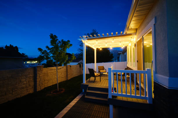 Backyard Deck and Pergola A backyard of a suburban USA home with a deck and pergola. gazebo stock pictures, royalty-free photos & images