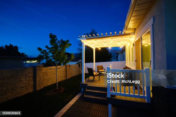 Backyard Deck And Pergola Stock Photo - Download Image Now - Gazebo, Night, Pergola