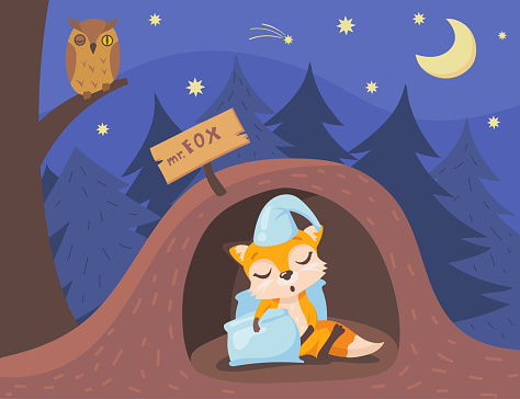 Cute fox character sleeping in burrow cartoon illustration. Sleepy orange animal wearing hat and holding pillow, owl sitting on tree branch, starry sky. Bedtime, animals, wildlife concept