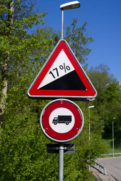 istock Traffic signs steep road ahead (17 per cent) and no trucks allowed. 1320021533