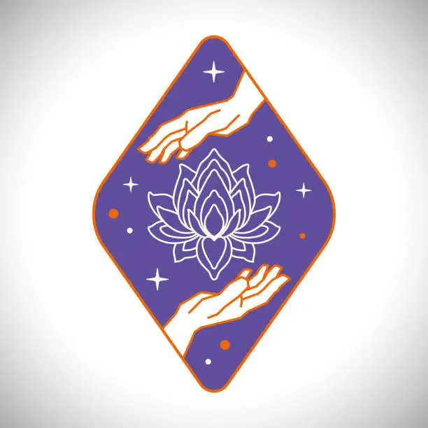 Vector illustration of Two Hands Blooming Lotus and Stars on Violet Background Emblem