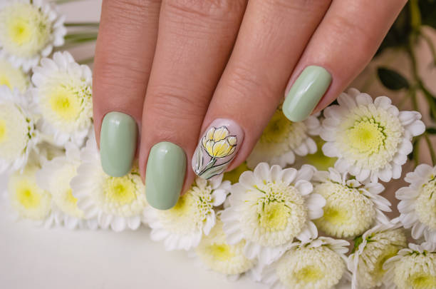 istock Beautiful women's hands with spring manicure nails with yellow flower. 1320022286
