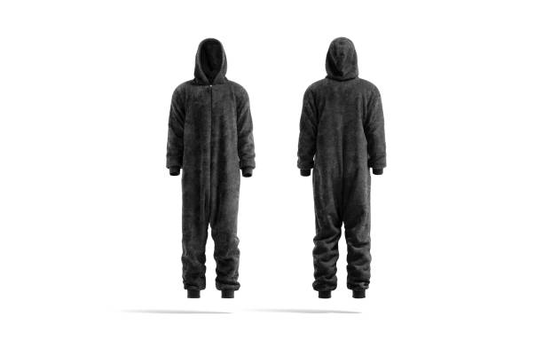 istock Blank black plush jumpsuit with hood mockup, front and back 1320022518