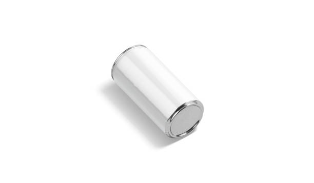 Blank white aluminum narrow 330 ml soda can bottom mockup lying Blank white aluminum narrow 330 ml soda can bottom mockup lying, 3d rendering. Empty carbonated drink pack mock up, isolated, side view. Clear beer or tea silver jar template. can bottom stock pictures, royalty-free photos & images