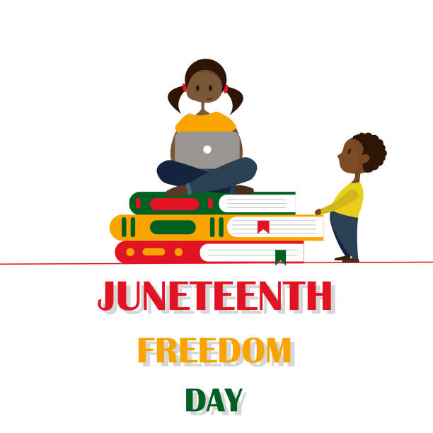 Juneteenth celebration banner An illustration of a black girl sitting on a stack of books and a boy, standing next to her. Juneteenth concept. Learning about African American history. Freedom day. Isolated on white. equality juneteenth stock illustrations