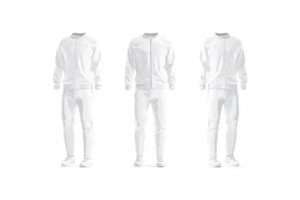 Blank white sport tracksuit mockup, front and side view, 3d rendering. Empty male bomber, sweatpants and sneakers mock up, isolated. Clear sporty wear for street outfit tempalte.