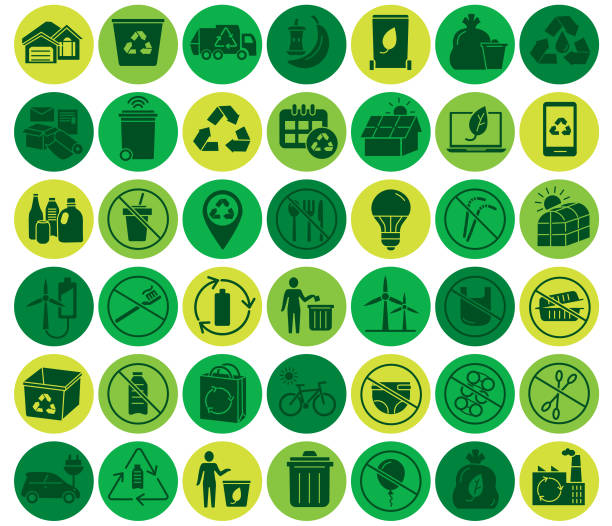 переработка и охрана окружающей среды красочный круг зеленый плоский набор значок - multi colored paper color image garbage stock illustrations