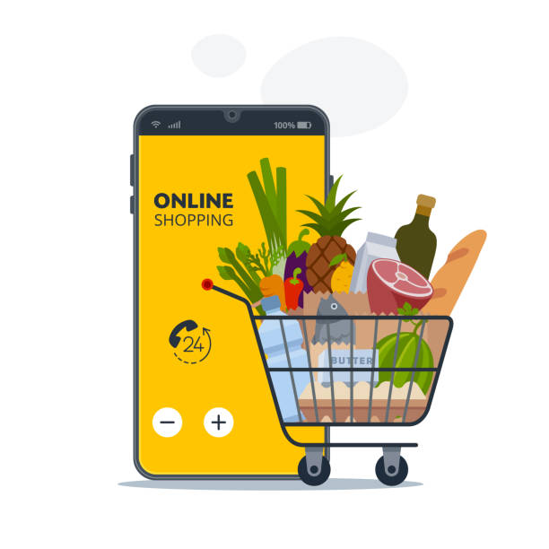 Smartphone app and grocery delivery at home. Smartphone app and grocery delivery at home. grocery store stock illustrations
