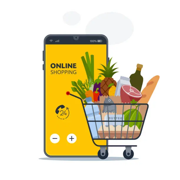 Vector illustration of Smartphone app and grocery delivery at home.