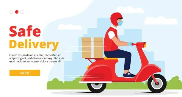 Vector illustration of Safe delivery web banner. Male courier riding red retro scooter with delivery paper box.
