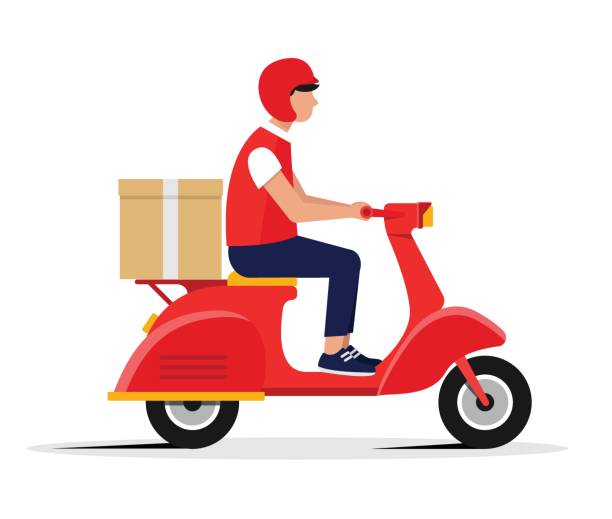 istock Express delivery. Male courier riding red retro scooter with delivery paper box. Isolated on white background. 1320031172