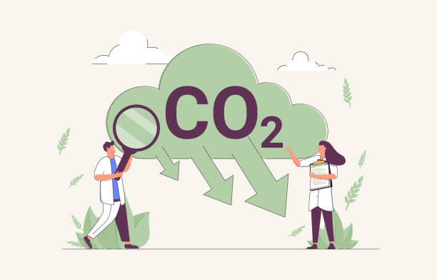 ilustraciones, imágenes clip art, dibujos animados e iconos de stock de reducción de co2 para reducir el concepto de persona diminuta de gases de efecto invernadero de dióxido de carbono. uso alternativo de energía para eliminar - emitir