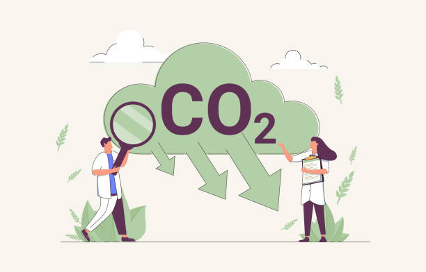 CO2 reduction to reduce carbon dioxide greenhouse gases tiny person concept. Alternative energy usage to eliminate CO2 reduction to reduce carbon dioxide greenhouse gases tiny person concept. Alternative energy usage to eliminate environment danger from air contamination and exhaust smoke cloud vector illustration emitting stock illustrations