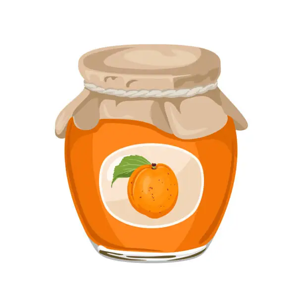 Vector illustration of Apricot jam in lass jar isolated on  white background. Vector illustration of homemade sweets in cartoon flat style. Food icon.