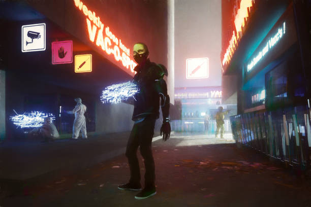 istock Futuristic urban streets with people and kiosks 1320035197