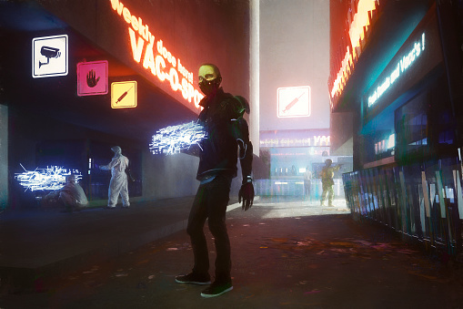Futuristic urban streets with people and kiosks. 3D generated image with a small paint over in PS.