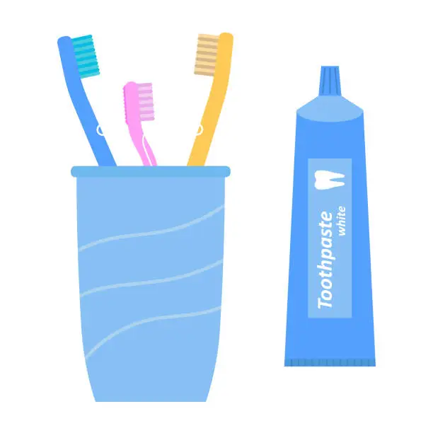Vector illustration of Toothpaste and toothbrushes in a glass. Flat style. Vector illustration on white isolated background.