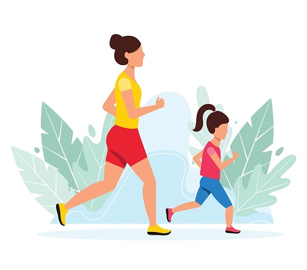 Active and healthy lifestyle.  Flat style vector illustration. Woman with little girl, background with leaves.