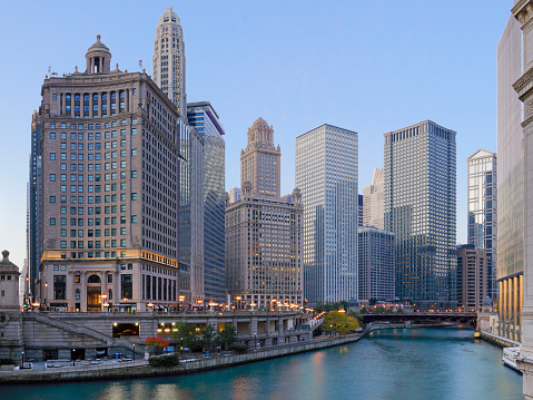 Chicago Downtown. Image of Chicago downtown riverfront at sunset.