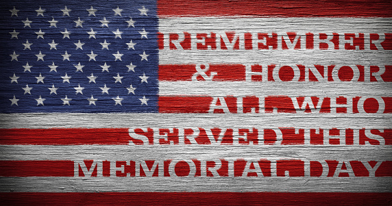 US American flag painted on distressed and worn wood. Wallpaper for USA Memorial Day with Remember and Honor all who served this Memorial Day.