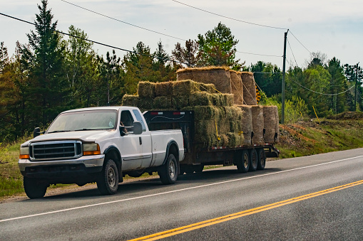 White Truck Hauling a Trailer full of Hay Bales