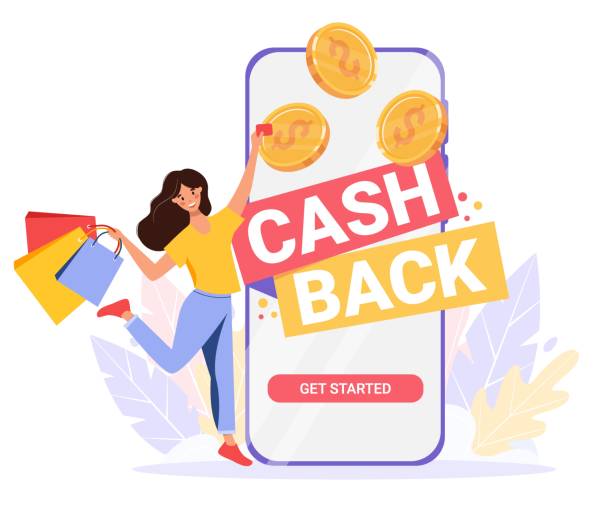Cashback concept. Young happy woman jumping with shopping bags and credit card. Happy customer paying for purchase with a smartphone and receives a cashback. Leaves and coins in the background. Vector tax clipart stock illustrations