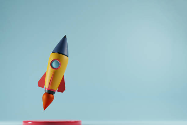 istock Launched rocket with copy space for text on blue background. Startup business concept. 3D render 1320047434
