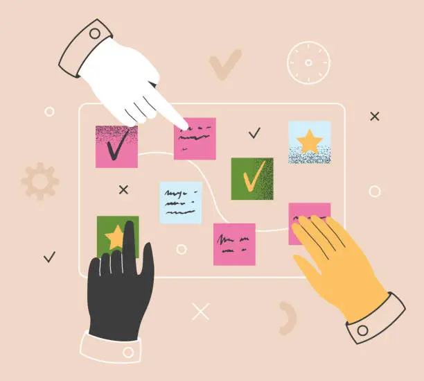Vector illustration of Project management concept. Hands managing daily work tasks on a kanban board. Scrum, agile methodology. Business planning, teamwork, to do list, cooperation.
