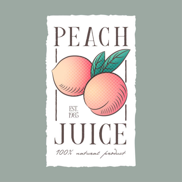 ilustrações de stock, clip art, desenhos animados e ícones de peach juice label. healthy fruit beverage. organic nutrition. - peach juice