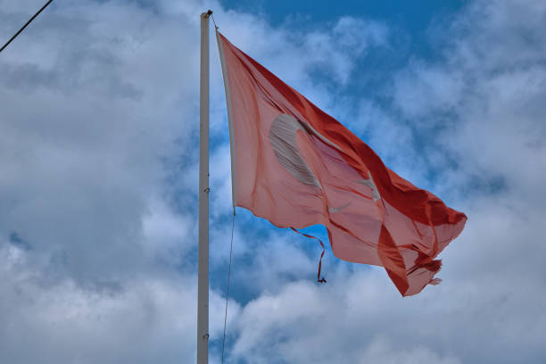 istock Huge turkish flag with overcast cloudy sky background. Flag is teared 1320050128