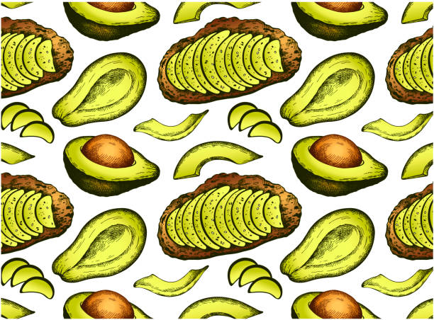 ilustrações de stock, clip art, desenhos animados e ícones de sketch drawing pattern with avocado toast and green sliced avocado - guacamole food bar vegan food