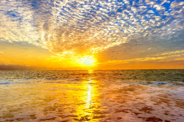 istock Sunset Ocean Birds Painting 1320055832