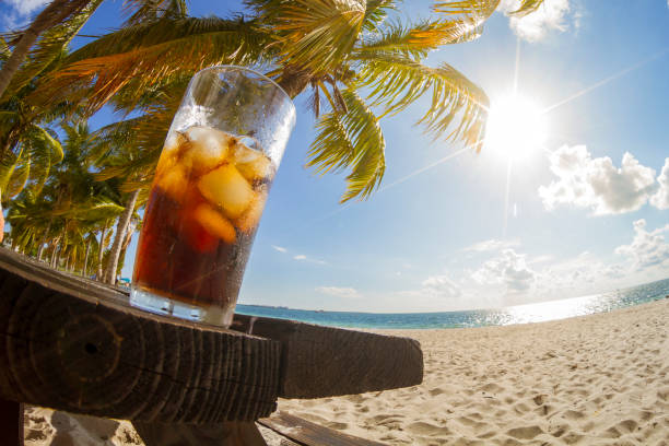 pov ponto de vista de uma água de cola brilhante refrescante soda brilhante com cubos de gelo em frente a uma paisagem paradisíaca mar azul em key biscayne, miami beach, miami, sul da flórida, estados unidos da américa - eua - crushed can soda drink can - fotografias e filmes do acervo