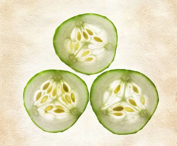 Three thin slices of fresh cucumber on textured vintage paper.