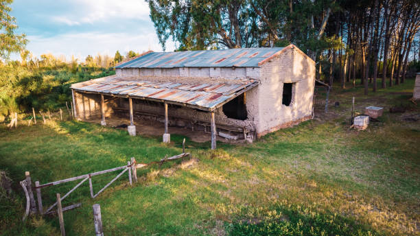 old abandoned adobe brick barn - horse stall stable horse barn imagens e fotografias de stock